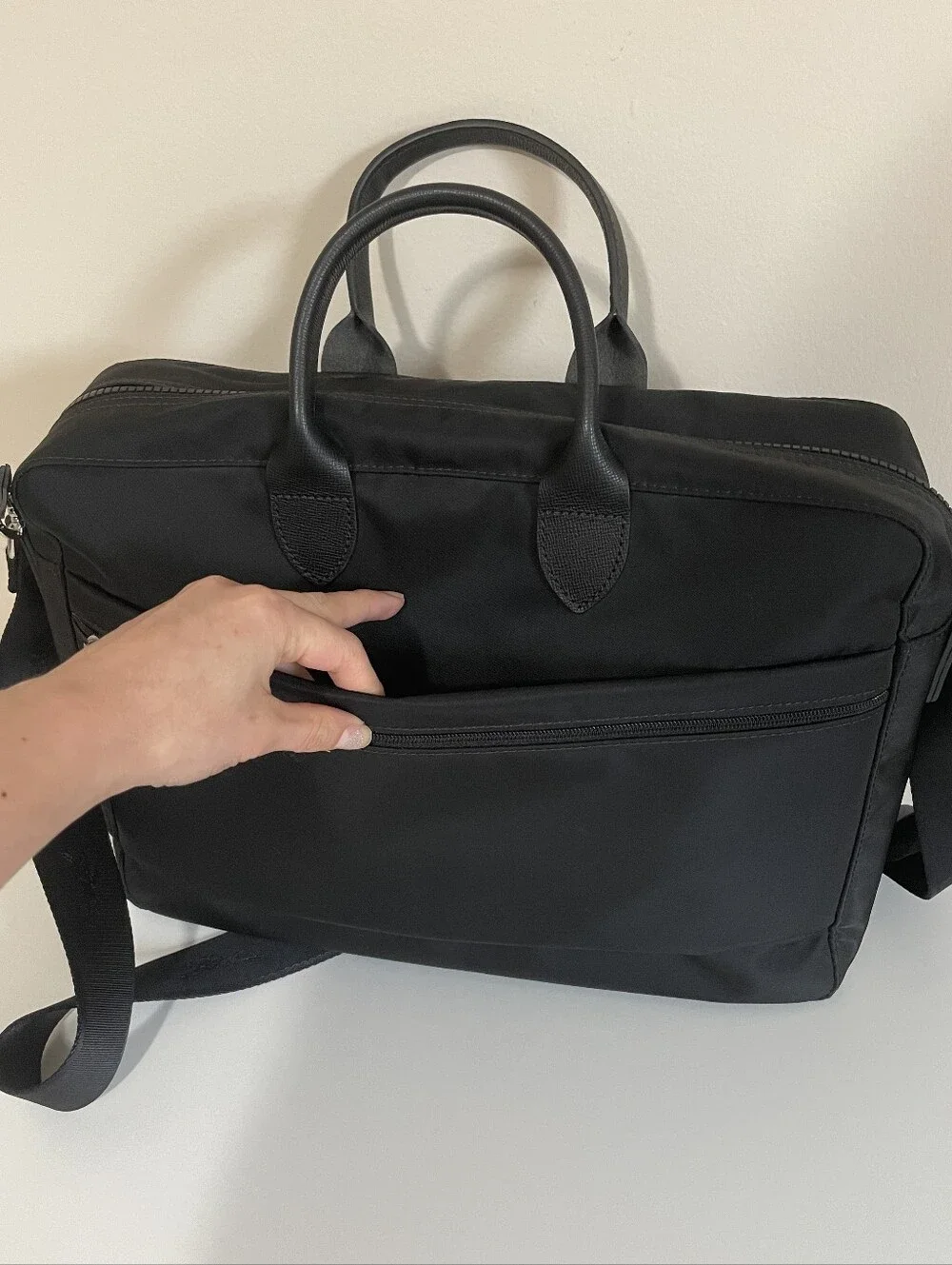 Longchamp Black Cowhide Leather Trim Briefcase with Shoulder Strap